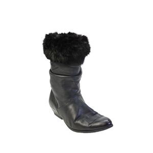 Designer Womens Leather Fur Trim Round Toe Heeled Boots Solid Black Size 9